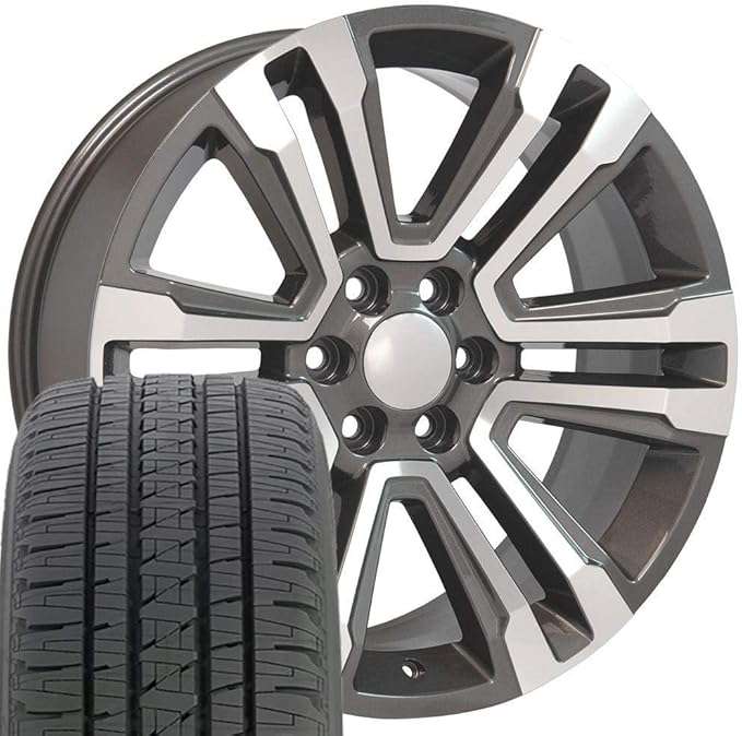 OE WHEELS CV44 22x9 Denali Style Wheels - Gloss Gunmetal 22 Inch Rims Set of 4, 6x139.7 Wheels - Optional TPMS & 285/45R22 Tires and Rims Packages - Fits GM Trucks & SUVs (Dueler Alenza H/L)