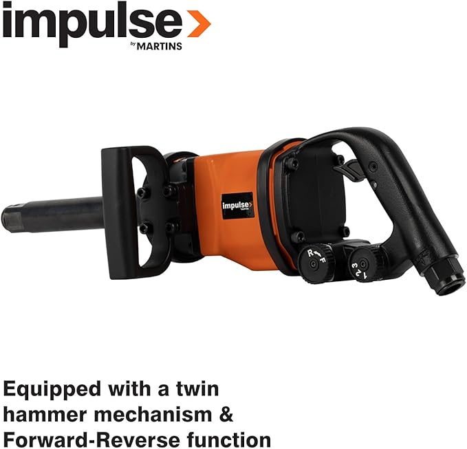 Martins Industries Impulse 1" Truck Impact Wrench 1800 ft-lb, Super Light Weight at 15.6 lb, Ergonomic Handle and Rubber Rest, 3-Speed, Twin Hammer Mechanism, Forward-Reverse