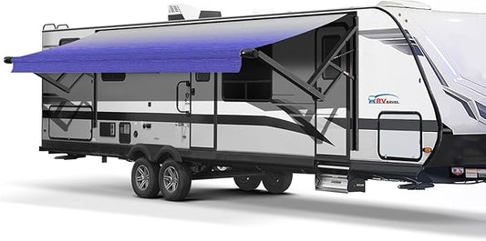Black Electric Power RV Awning Frame and Fabric Assemblies Full Set for RV,5th Wheel,Travel Trailers,Toy Haulers,and Motorhome RV Trailer Awning for Home or Camper (10Feet, Navy Fade)