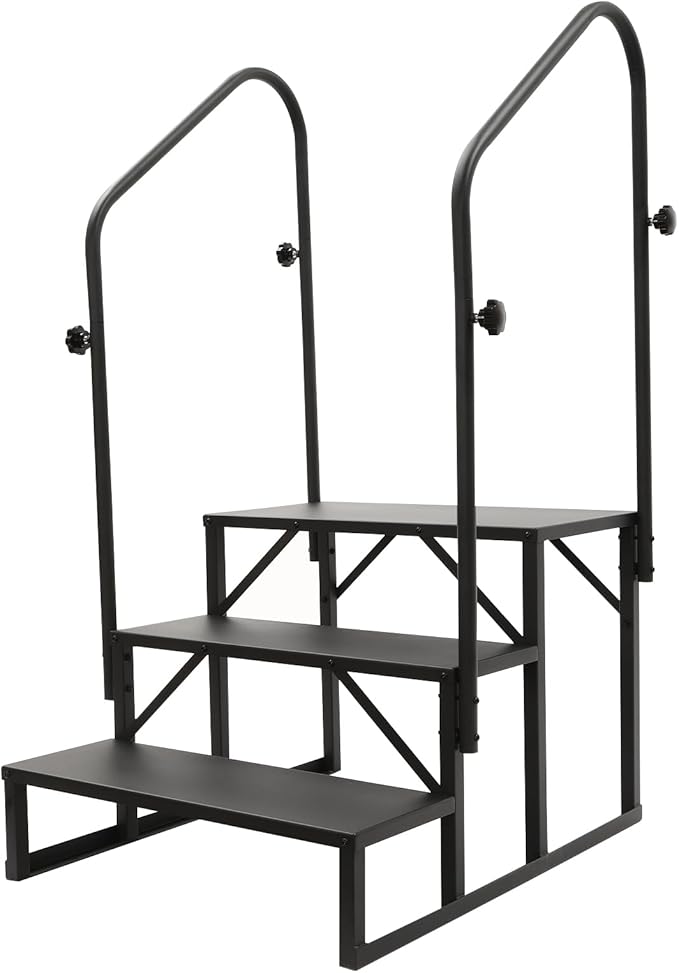 3 Step RV Stairs with Handrails - Hot Tub Steps Portable Mobile Home Stairs for RV, Travel Trailer, Camper Outdoor (Black)