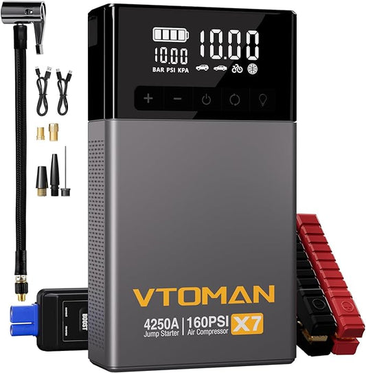 VTOMAN X7 Jump Starter with Air Compressor, 4250A&160PSI Pickup Trucks & Suvs Battery Car Jumper Starter Portable(10L Gas/10L Diesel) with Auto-Shutoff Tire Inflator, 12V Lithium Booster Box, QC3.0