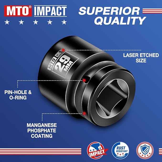 MTO 1/2" Drive 29mm Shallow Impact Socket, 6-Point Metric Socket for Automotive Maintaince, CR-V Steel Meets ANSI Standards