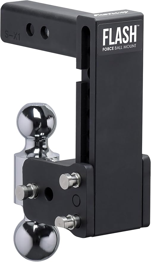 FASTWAY Flash Force Adjustable Steel Ball Mount, Dual Hitch Balls, Quick Height Adjustment, Stowable, for 2" and 2-1/2" Receiver, Heavy Duty (67-00-7570, 7" Drop, 7-1/2 Rise, 2" Receiver)