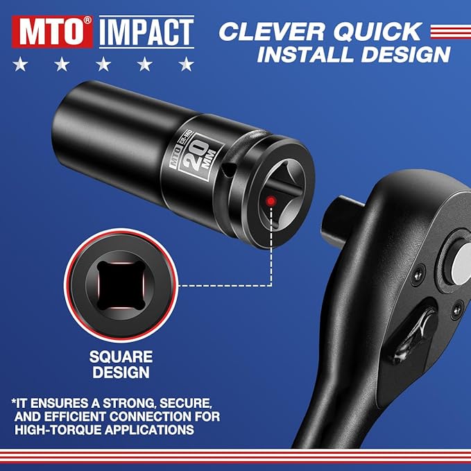 MTO 1/2" Drive 20mm Deep Impact Socket, 6 Pt. Metric Socket, CR-MO Steel & Anti-Corrosion Coating for Heavy-Duty Use