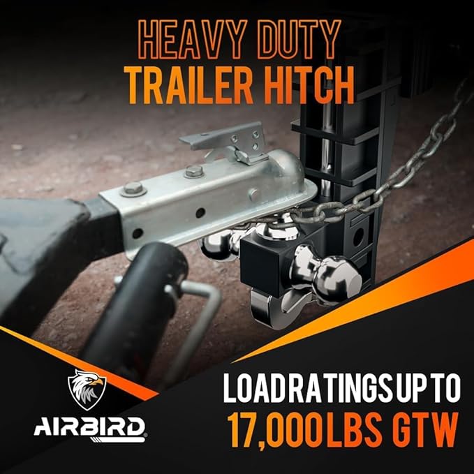Airbird Adjustable Trailer Hitch Fits 2-Inch Receiver, Heavy Duty Tow Hitches (17000 LBS GTW) 8 Inch Drop Truck Hitch Tri-Ball Mount with Hook (1-7/8" x 2" x 2-5/16")…