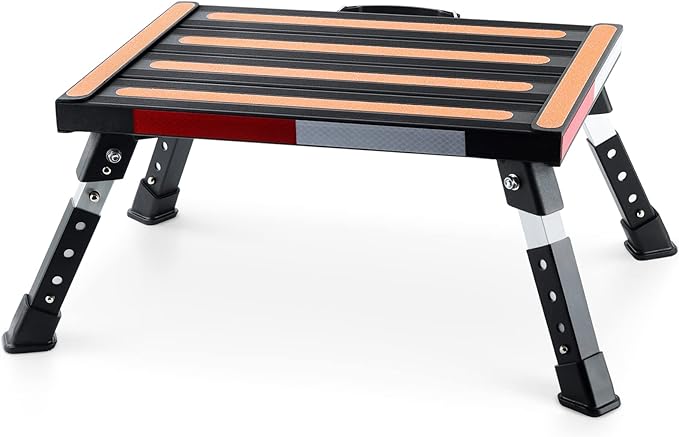 Safety RV Steps, Yagud Height Adjustable Folding Platform Step with 17" X 12" Anti-Slip Surface, Rubber Feet, Handle, Reflective Strips, and T Level, Aluminum RV Step Stool Supports Up to 1000lbs