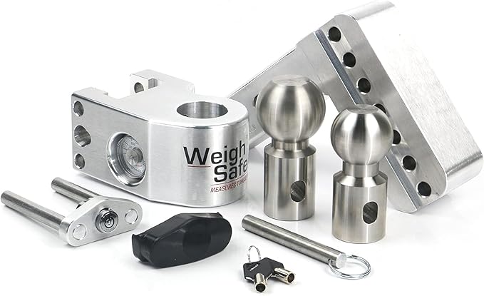 Weigh Safe Aluminum Adjustable Trailer Hitch - Towing Hitch with Built-In Tongue Weight Scale - Compatible with 2" Receivers - 4" Drop, Stainless Steel Tow Balls, 12,500 GTW, 1-Piece Lock Set