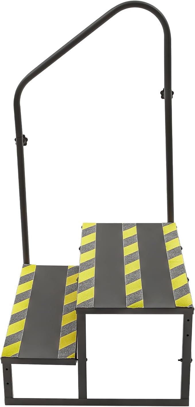 RV Steps with handrail, 2 Steps Mobile Home Stairs Steps Outdoor, Hot tub Steps with handrail & Reflective Strips. Portable Stairs for Travel Trailer, Motor Home (Matt Black)