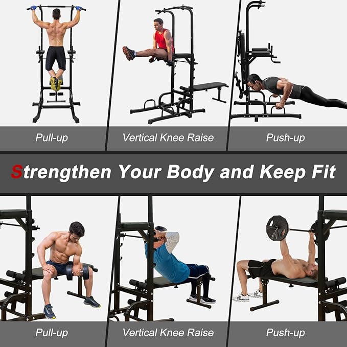 Power Tower Pull Up Bar Station,Height Adjustable Multi-Function Dip Station for Home Gym Strength Training Fitness Workout Equipment