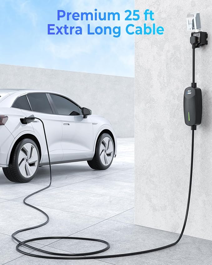 Level 2 EV Charger 32Amp, 7.68kW Portable & Home EV Car Charger with 25FT Cable, NEMA 14-50 Plug, IP66 Waterproof, 240V Electric Vehicle Charging Station Compatible with All J1772 EVs