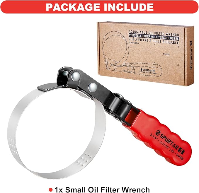 Spurtar Small Oil Filter Wrench, Swivel Oil Filter Removal Tool, Fits Filters 3-1/4" to 3-11/16" (83-94mm) for 4S Shop Auto Repair Mechanic DIY Generator Small Engine