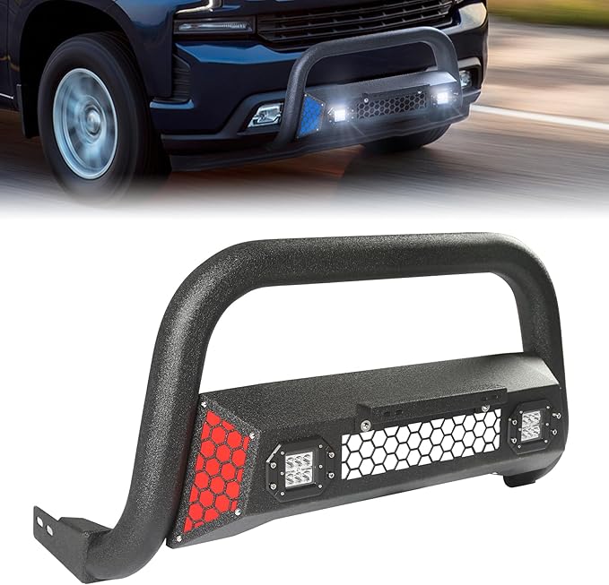 Bull Bar Fit for Chevy Silverado 1500/GMC Sierra 1500 2019-2025 with LED Light & w/License Plate Bracket DIY Paintable Truck Front Bumper Brush Push Bar Front Grille Guard Protector
