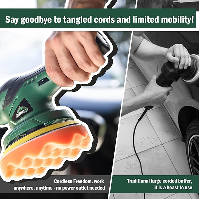 BATOCA - Cordless Car Buffer Polisher - 1pcs 2.0Ah 12V Lithium-ion Rechargeable Battery Powered Brushless Polisher with 6 Variable Speed, DA Orbital Buffer for Car Detailing, Polishing, Waxing