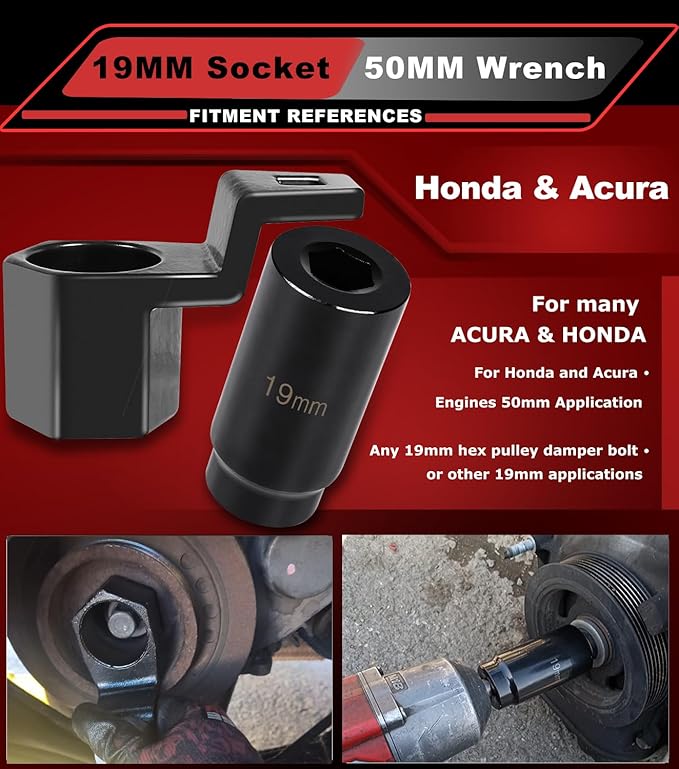 19 mm Harmonic Balancer Socket & 50mm Crankshaft Crank Pulley Wrench Holder Tool Compatible with Honda and Acura Engines | 77080 19mm Crank Bolt Socket | 2 Pack