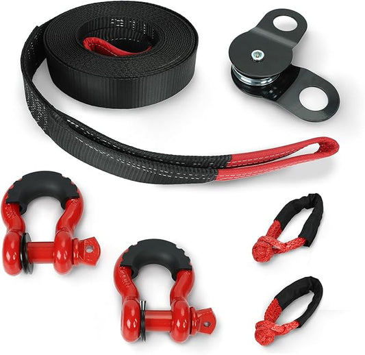 Heavy Duty Recovery Kit, 3" x 30' 14000lbs Tow Strap with 1/2" Soft Shackle Rope Synthetic Tow Recovery Strap 38,000LBS + 8 Ton Recovery Pulley Winch Snatch Block (Red)