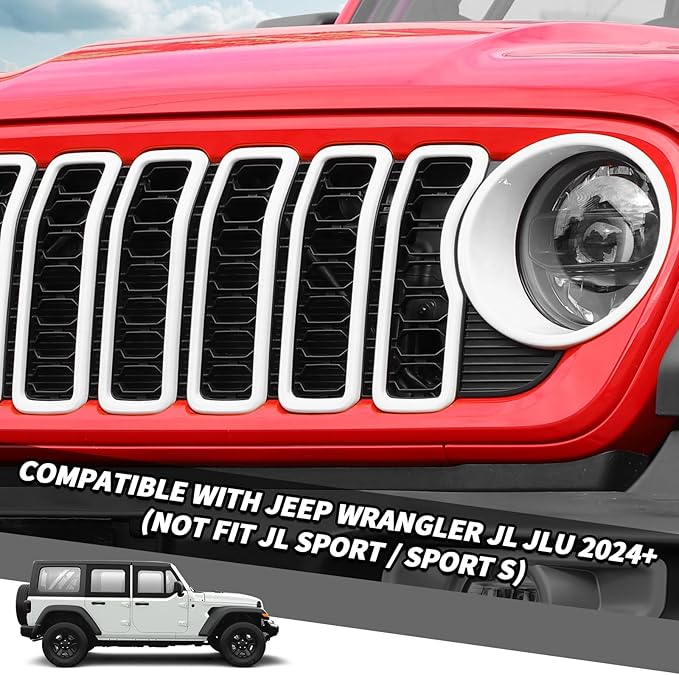 Jimen for 2024 Jeep Wrangler 4xe grill inserts, 9PCS Headlight Cover & Grille Insert Compatible with Jeep Wrangler JL JLU 2024+, NOT FIT JL Sport/Sport S (White)