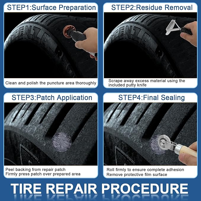 Air Tire Repair Polish Patch Kit Heavy Duty - Includes 2500RPM Air Tire Buffer, Tire Inner Liner Scraper, 4 Tungsten Steel Buffing Wheel, Patch Roller, & Wire Brush - Professional Tire Patch Tools