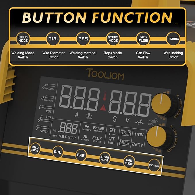 TOOLIOM MIG/TIG/CUT/Stick Welder 5 in 1 Multiprocess Welding Machine 110/220V Dual Voltage Aluminum Welding Machine Spool Gun Compatible