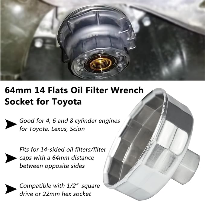 64mm 14 Flutes Oil Filter Socket for Lexus, Scion, Toyota Oil Filter Wrench Oil Filters Cap Removal Tool Chrome Vanadium Steel Oil-Filter Wrenches, Silver