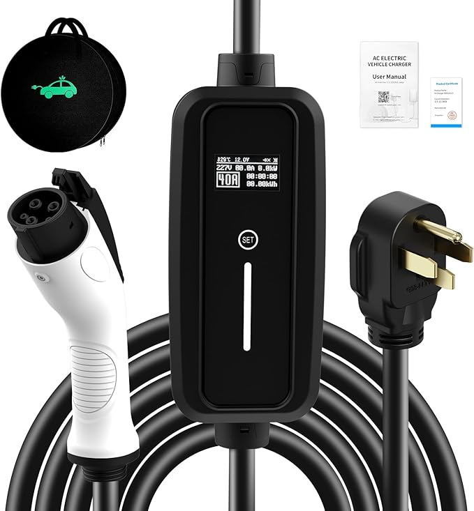 SubSun Adjustable Current, Portable Electric Vehicle Charger with NEMA Plug, Adjustable Current/Delay Charging for SEA J1772 EVs (40A 220V EV Charger, 40A-Level 2(for J1772 EVs)
