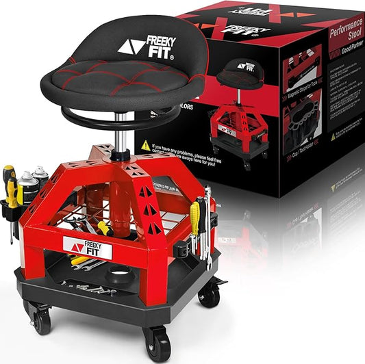 Rolling Shop Stool for Garage with Casters, DO02-Adjustable Height 360° Swivel Shop Seat with Tool Tray Storage, 330 LBS Capacity Padded Mechanic Stool, Magnetic Tool Hold, Heavy Duty, Red