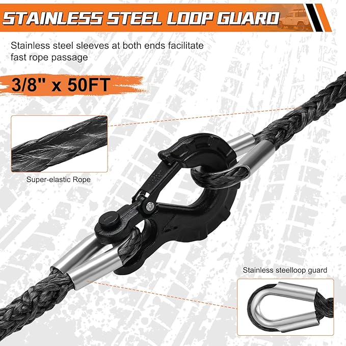 Synthetic Winch Rope Extension, 3/8Inch x 50Ft 26500 Lbs Winch Extension Cable Replacement Tow Ropes Line for Off Road Vehicle ATV UTV Truck SUV Jeep (Black)