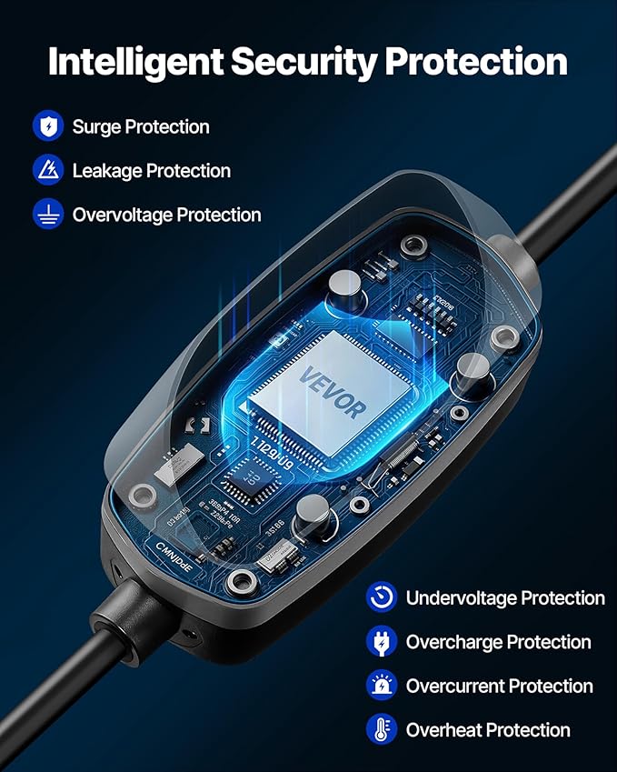 VEVOR Level 1&2 EV Charger, 16 Amp Adjustable Current, Electric Vehicle Portable Charger with 25 ft Cable, 120V-240V, NEMA 6-20P Plug NEMA 5-15 Adapter, LCD, Home Car Charging Station for SAE J1772 EV
