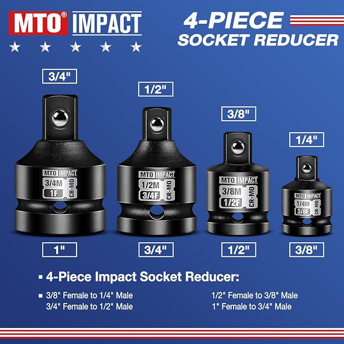 MTO 8-Piece Impact Socket Adapter & Reducer Set, 1/4", 3/8", 1/2", 3/4" Drive, Impact Driver & Wrench Conversion Kit, Chrome Molybdenum Steel