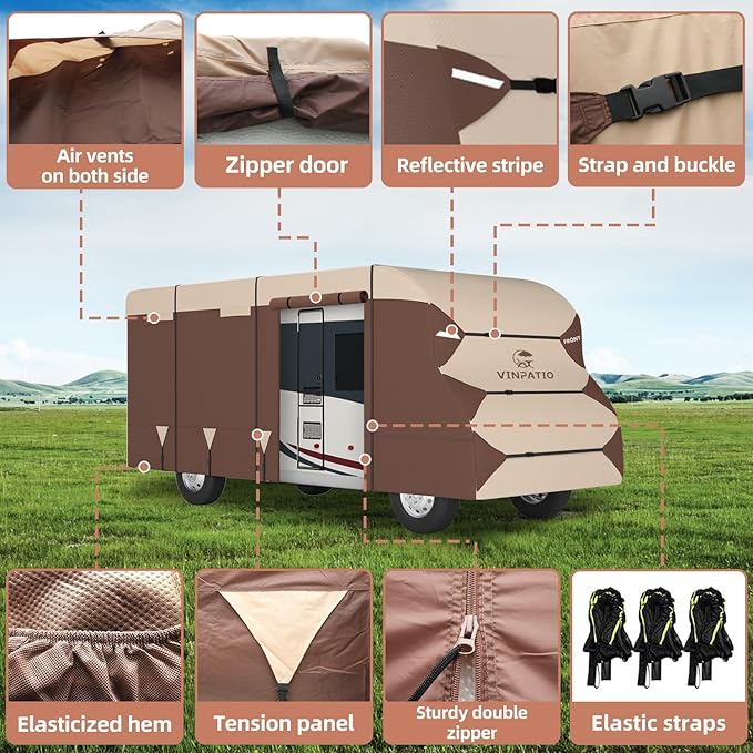 VINPATIO Class C RV Cover Fits 29'-32' RV, 600 Oxford Fabric Two Color Design, Heavy Duty Windproof Waterproof Anti-UV Class C Motorhome Cover with 2 Extra Long Straps, Gutter Covers