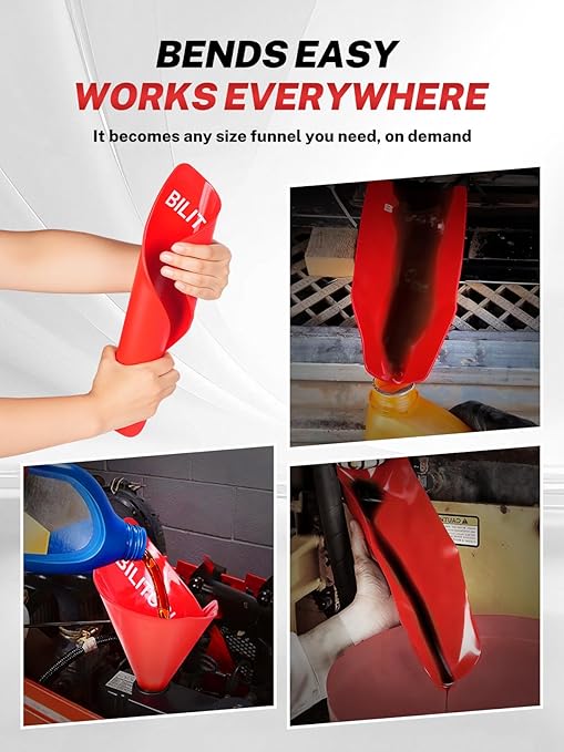 BILITOOLS 3pc Flexible Oil Funnel Kit, Spill-Free Steel System with Filter & Long/Short Hoses + Reusable Flexible Funnel for Automotive Use, Universal for Engine Oil, Transmission Fluid, Coolant