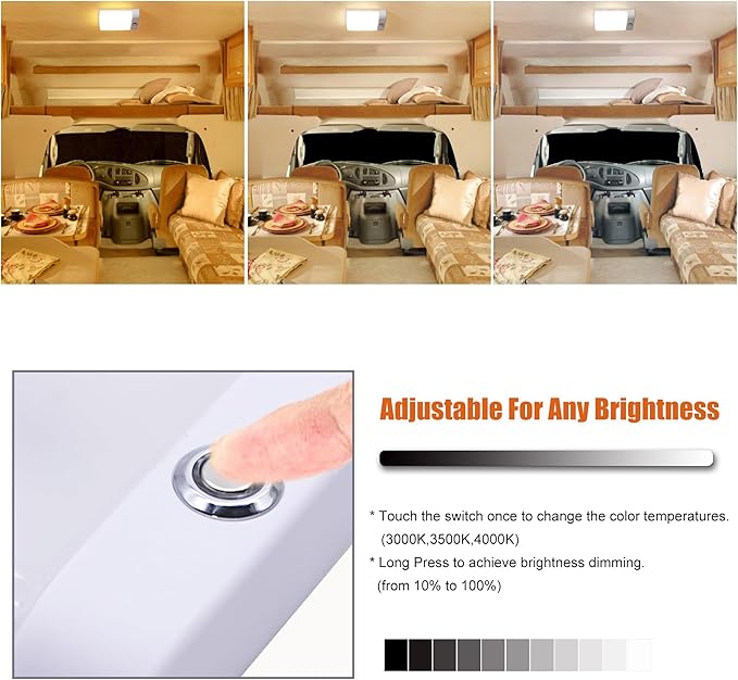 Facon LED 12V RV Interior Lights with Touch Dimmable Switch, Single Dome Light 6W 500LM, 3Colors: 3000K/3500K/4000K, 12Volts LED Ceiling Light for RV, Camper, Caravan, Trailer, 5th Wheel, Boat
