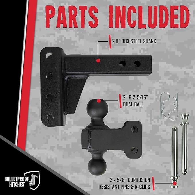 BulletProof Hitches - 2.0" Adjustable Medium Duty Trailer Hitch (14,000 lb. Rating) - 2" Drop/Rise Trailer Hitch with 2" & 2-5/16" Dual Ball - Powder Coat, Box Steel, Corrosion-Resistant