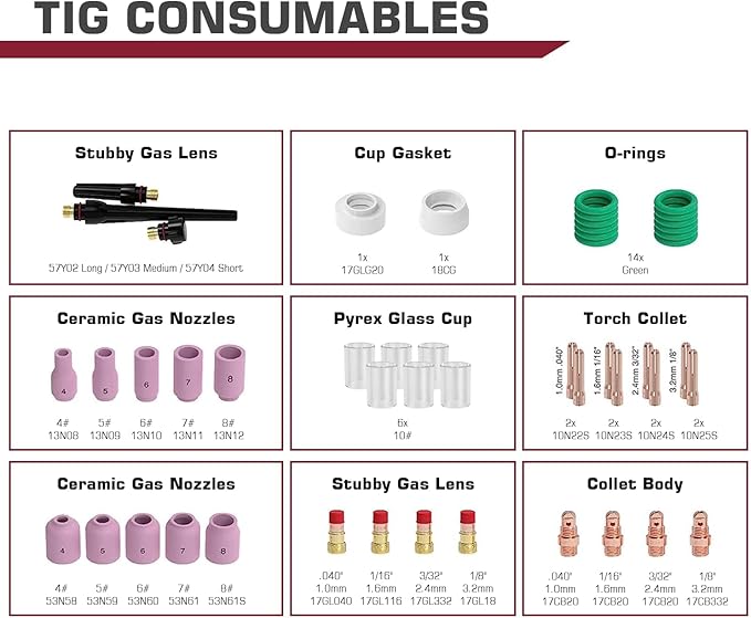 ARCCAPTAIN 49 Pcs TIG Welding Torch Accessories kit Alumina Nozzle Collets Body Stubby Gas Lens #10 Glass Cup Kit for WP-17/18/26-Black