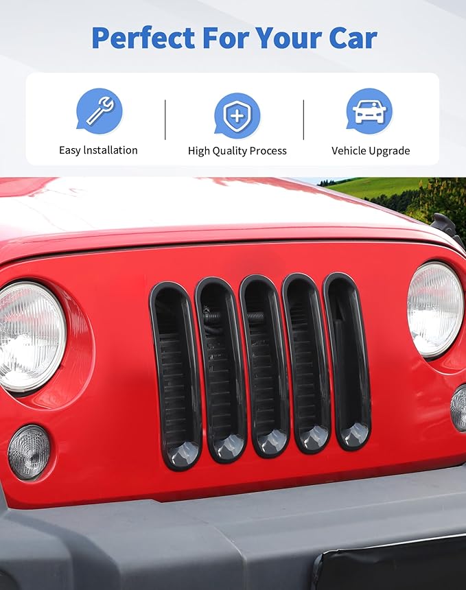 7Pcs Front Grille Inserts Guard for Jeep Wrangler JK 2007-2017 Black Front Mesh Grille Cover Guard Clip-in Trim Cover