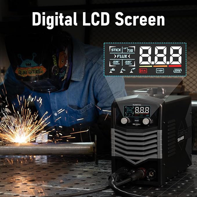 MIG Welder, 140A 110V Flux Core/Stick/Lift TIG 3 in 1 MIG Welding Machine, Gasless MIG with IGBT Inverter Synergic Control, Digital Screen Display, Over Loading Protection Beginner Friendly