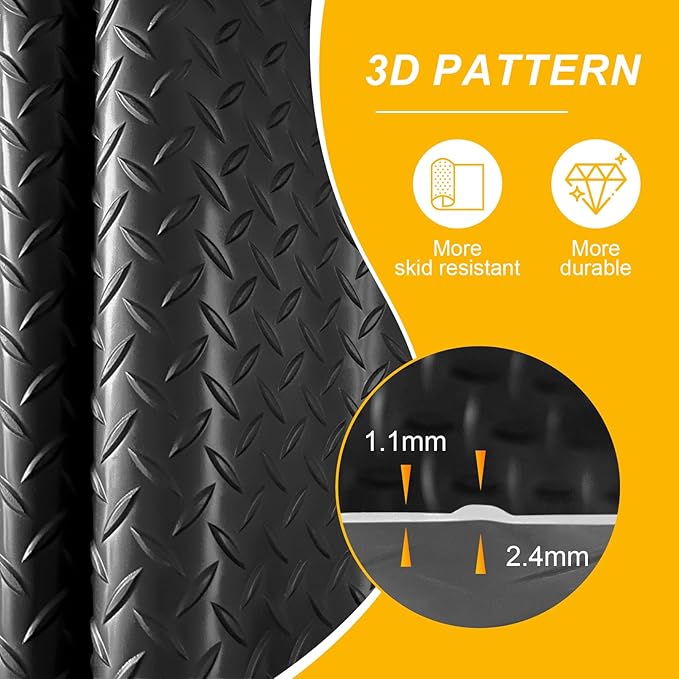 7.5x20 FT Garage Floor Mat, Flooring Roll with 20Pcs Tapes, 150 sqft Diamond Plate PVC Rubber Trailer Mat, Non-Slip Floor Mat for Garage, Warehouse, Gyms, Trailer, Pickup Truck (Black)