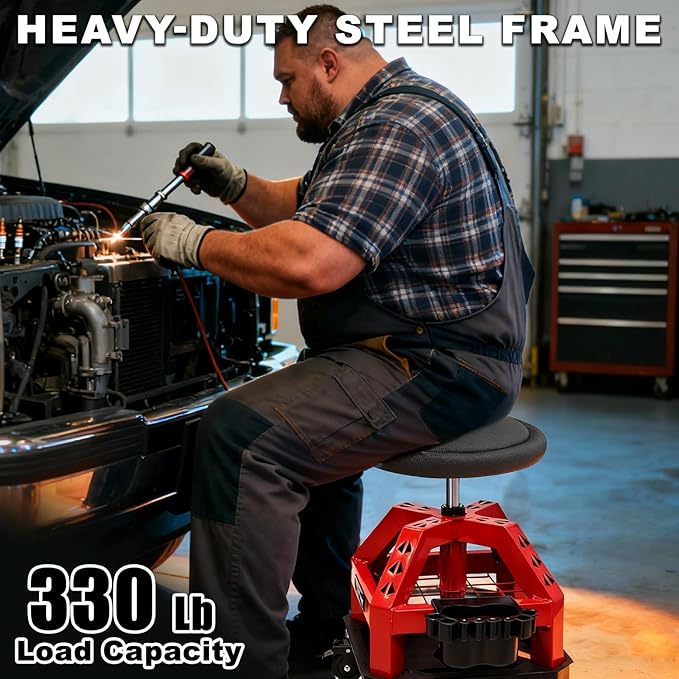 Rolling Shop Stool with Wheels, Heavy Duty Garage Work Mechanic Stool, Adjustable Height 22.44"-28.94", 360°Swivel Rolling Chair with Tool Tray Storage, 330 LBS Capacity, Red