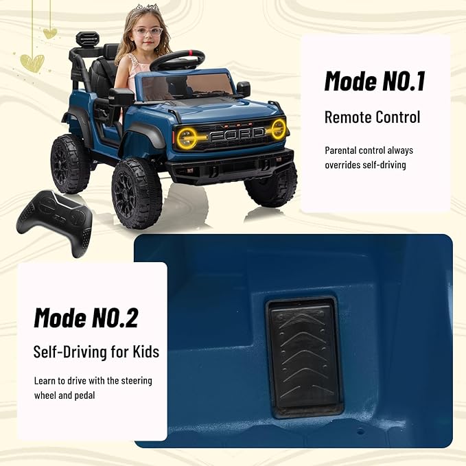 12V Ride on Toy for Kids, Ford Bronco Raptor Kids Electric Car with Parent Remote Control, Battery Powered Truck Car with 4-Wheel Suspension, LED Light, Bluetooth, 3 Speeds (12V, Deepblue)