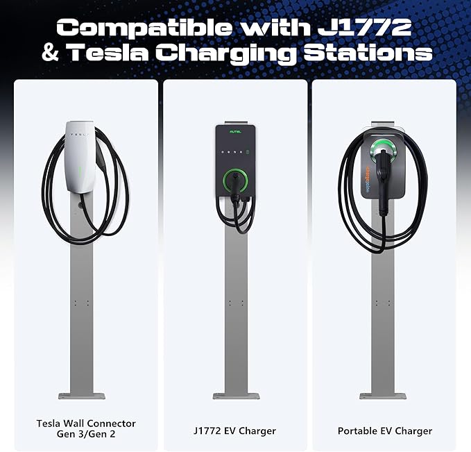 EV Charger Pedestal Outdoor Stand, EV Post for Tesla Wall Connector Gen 3, Compatible with J1772 EV Chargers, Heavy Duty Charging Station Pole, White