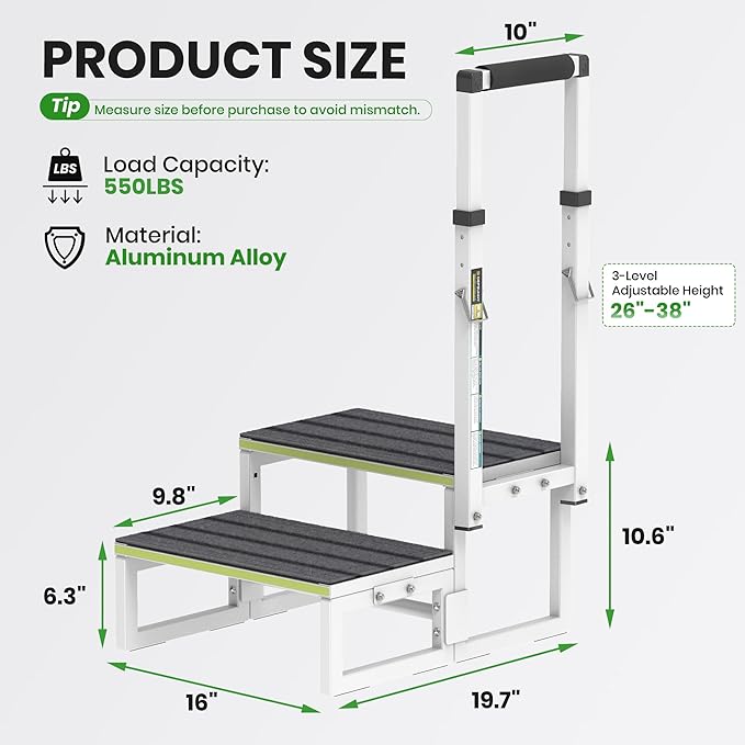 RV Steps with Handrail (26"-38"), Dual-Side Setup, Portable 2-Step RV Stairs with Wide Anti-Slip Mats, Ideal for RVs, Porches, Hot Tubs, Pools, and Pets