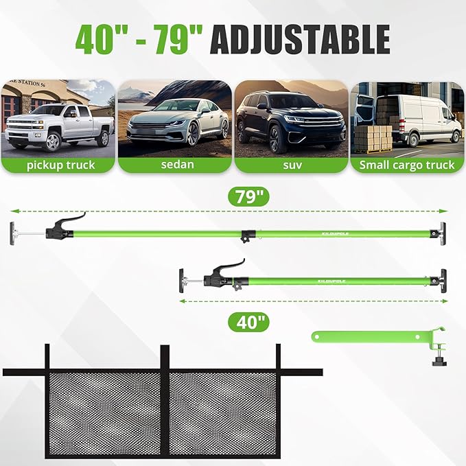 Adjustable Cargo Bars, 40" to 79" Non-Slip Truck Bed Divider, Cargo Bar for Pickup Truck Bed Cargo Bars for SUVs, Trailers, Vans, with Cargo Net Organizer and Divider Bar, 1-Pack