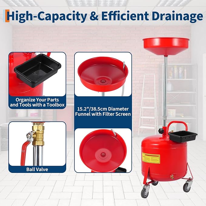 8 Gallon Waste Oil Drain Tank Portable Air Operated Oil Drainer with Adjustable Funnel Height 28 to 62 Inches 15 Inch Funnel Fluid Fuel Transfer Drain Container with 360 Degree Wheels and Toolbox Red