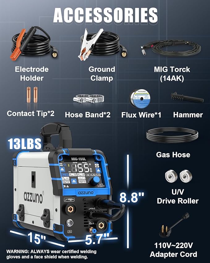 AZZUNO Aluminum MIG Welder 155A, 110V/220V Dual Vlotage 5 in 1 Gas MAG/Aluminum MIG/Gasless Flux Core MIG Welder/Stick/Lift TIG Welding Machine, Multiprocess Wire Feed Welder Machine
