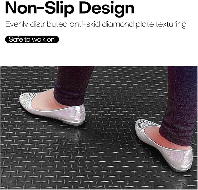 Boshen 5x12FT Garage Floor Mat, 2.5mm Thickened Diamond Plate PVC Rubber & Vinyl Flooring Roll, 60 SQFT Non-Slip Rubber Garage Mat for Floor Under Car Protection - Black