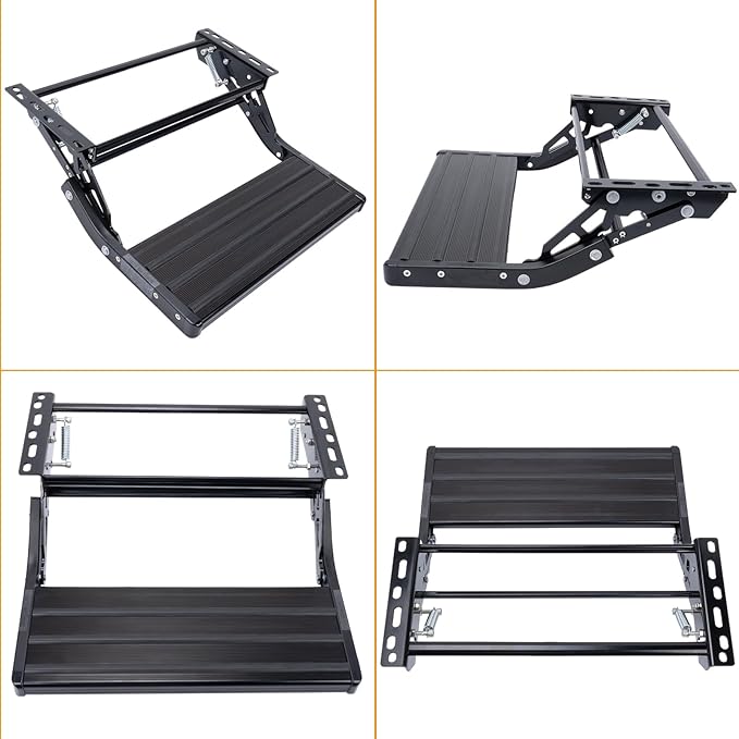 RV Step, 1-Step, Manual Foldable RV Steps, 400 LBS Load Capacity, Retractable Aluminum Alloy Camper Steps, Thickened Steel Plate Trailer Steps, Non-Slip Design, Ideal for RV, Trailer, Camper, Black