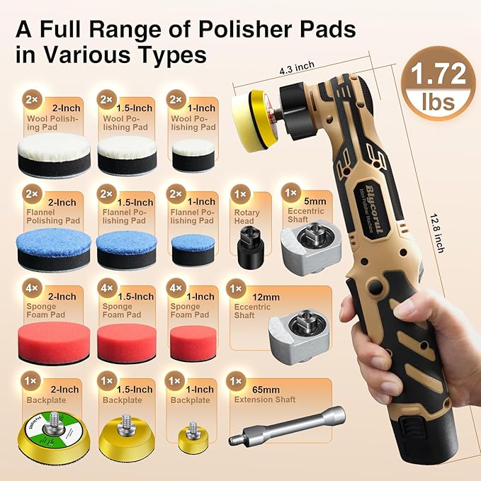 Cordless Mini Polisher,1/1.5/2Inch,DA&RO with 11 Variable Speed 2500-6000 RPM,2 * 2.3Ah Rechargeable Batteries,Car Detailing Micro Polisher