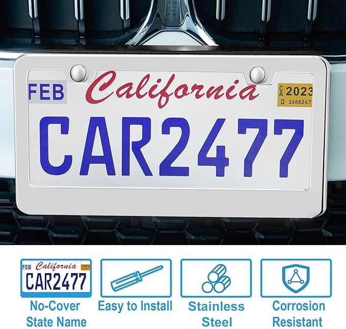 2 Pack Silver License Plate Frames, 2 Holes Rust-Proof Chrome License Plate Holder, Lengnoy Universal Car Stainless Steel Polish Mirror License Plate Cover for Women Man with Screws Caps