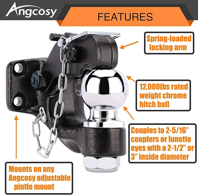 10-Ton Pintle Hook Trailer Hitches Receiver Hook Combination 2-5/16” Hitch Ball with Mounting Kit, 20000 lbs