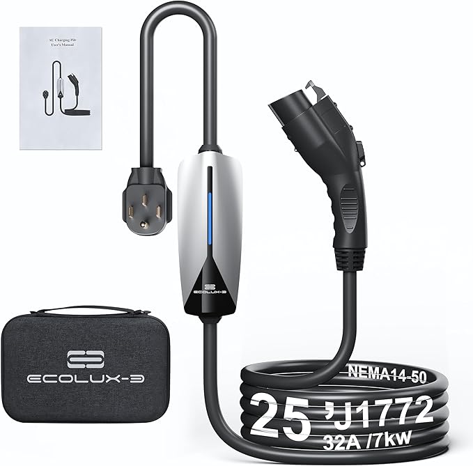 Level 2 EV Charger J1772 32Amp 220V-240V EVSE NEMA 14-50 Plug Home Portable EV Charger Level 2, 25ft Cable Electric Car Charging Station, Electric Vehicle Charging Stations Plug and Play FCC Certified