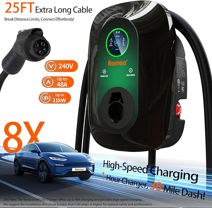 Romaa Level 2 EV Charger J1772 48A Hardwired 240V Home Charging Station - ETL Listed, FCC Part 15 -NEMA Type 4 IP66 - App WiFi Smart Display, 25 ft, Indoor Outdoor, 4.3 inch LCD, Black